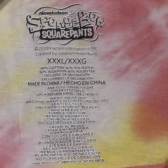 Nickelodeon SpongeBob SquarePants Tie-Dye Long Sleeve Shirt 3XL - Picture 2 of 5